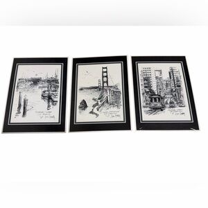 Vintage San Francisco Sketch Art Print Set of 3 Don Davey 5x7 Wall Decor